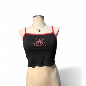 Black Crop Top with Red Bear Design
